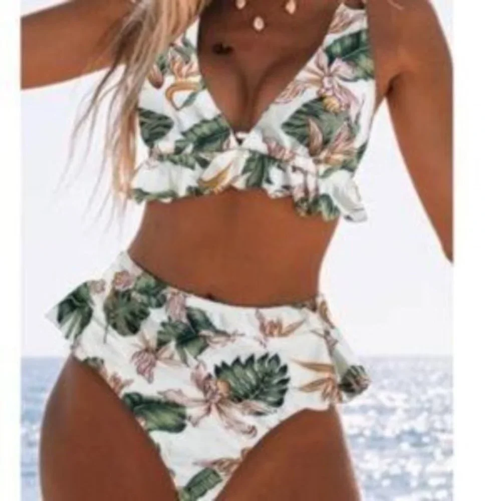 High Waisted White, Brown & Green Leaf Print Bikini Swim Suit
